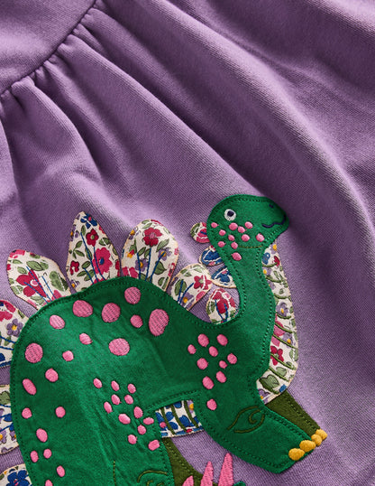 Applique Sweatshirt Dress-Aster Purple Dinosaurs-3