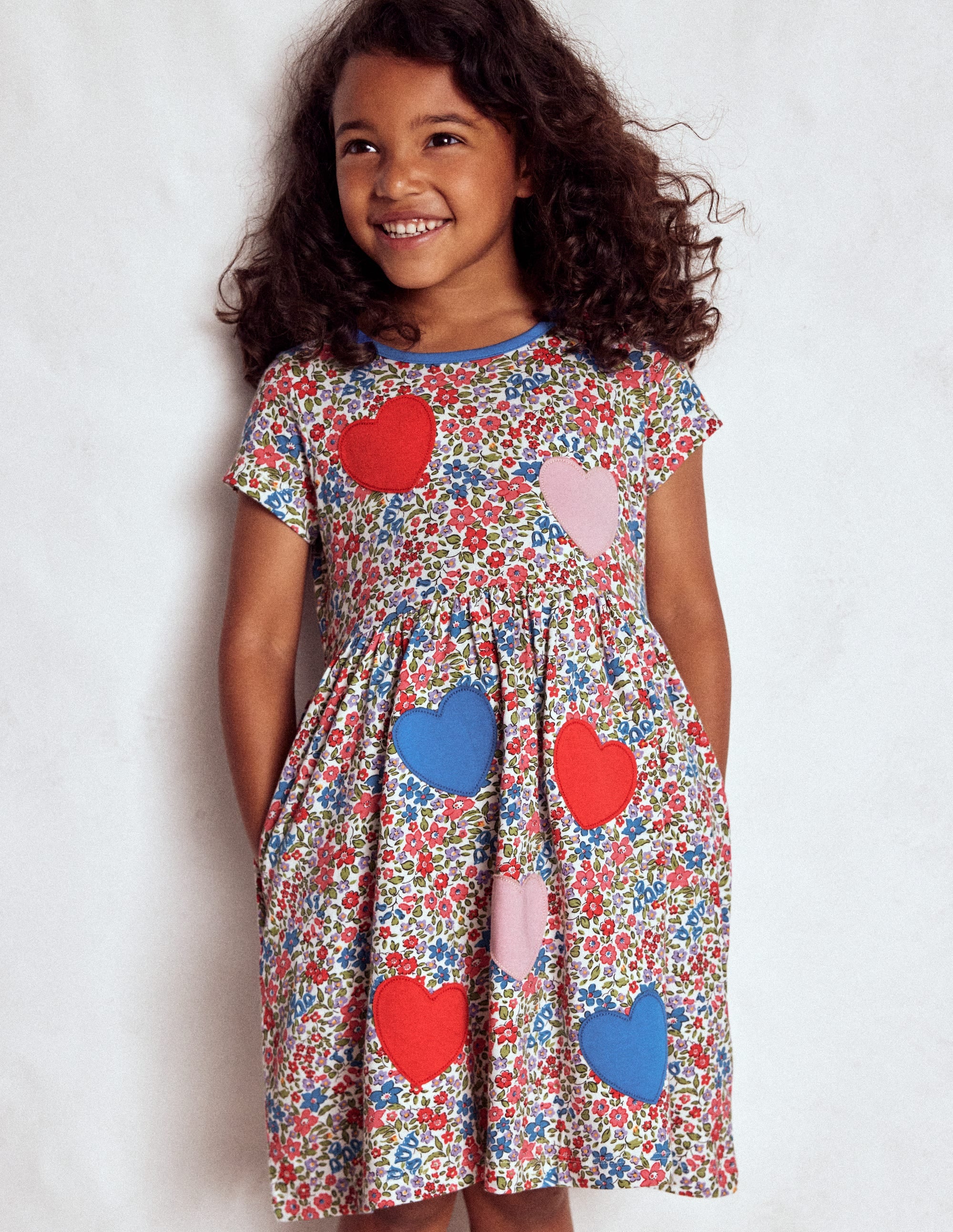 Appliqué  T-shirt Dress-Rose Pink Flowerbed Hearts - Image 1
