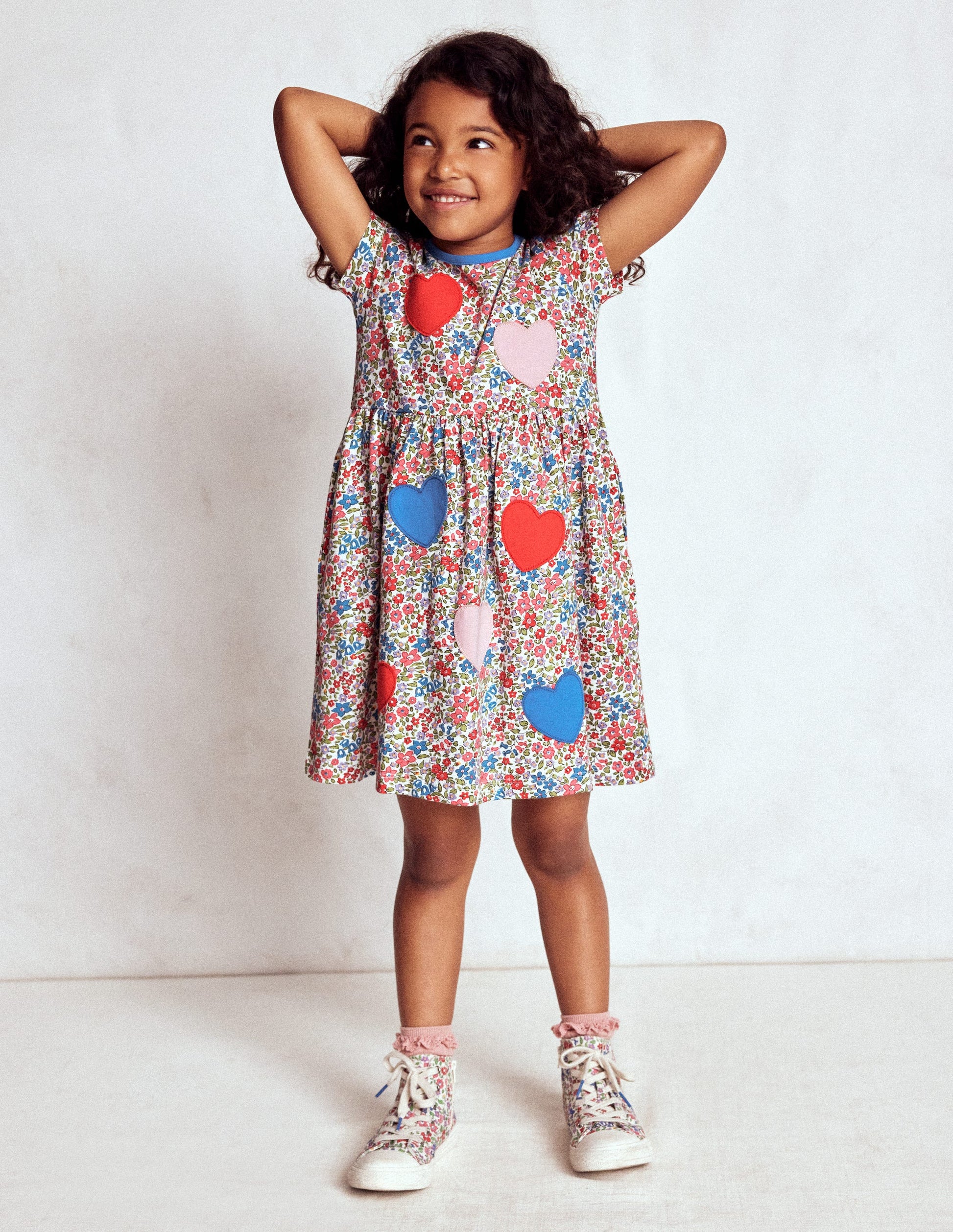 Appliqué  T-shirt Dress-Rose Pink Flowerbed Hearts-3