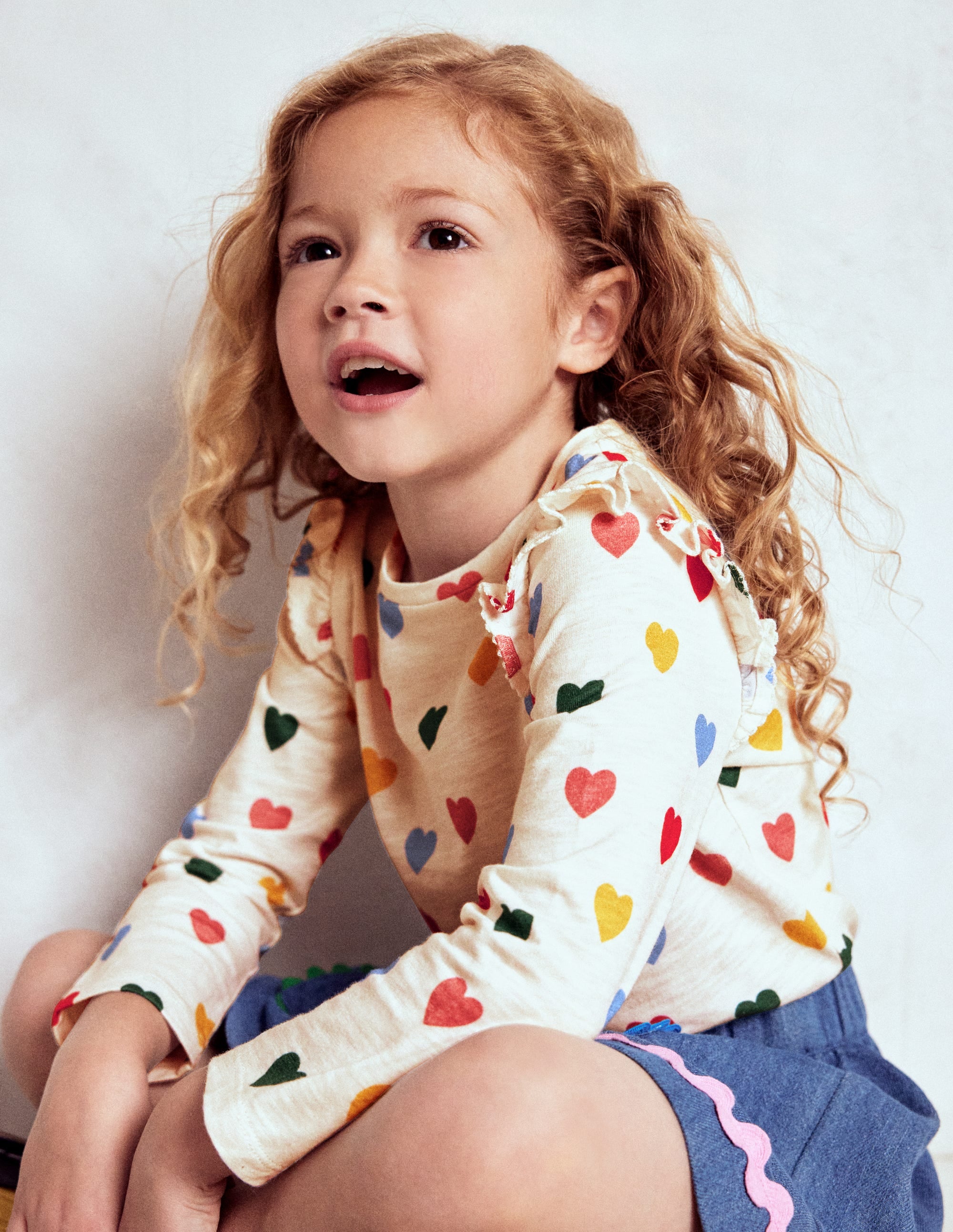 Frill Sleeve Slub Top-Rainbow Hearts | Boden USA