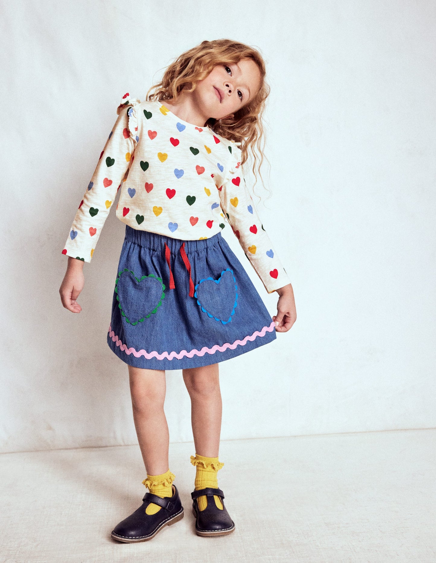 Frill Sleeve Slub Top-Rainbow Hearts