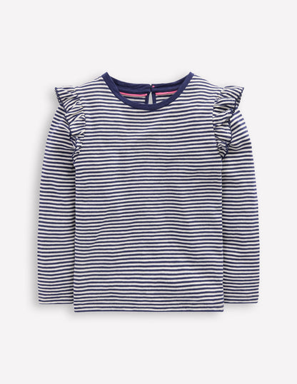 Frill Sleeve Slub Top-Soft Ivory/College Navy-5