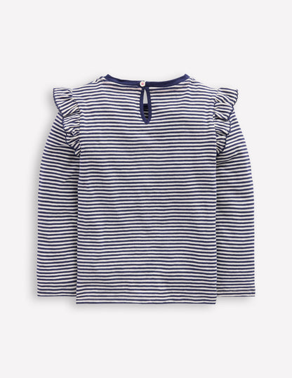 Frill Sleeve Slub Top-Soft Ivory/College Navy-6