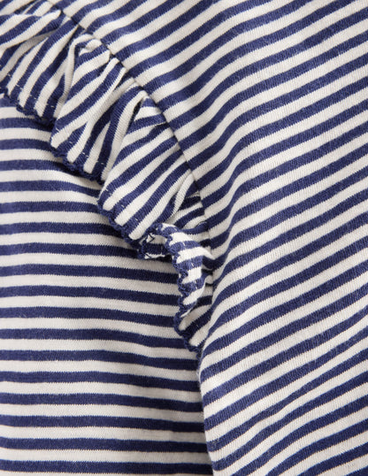 Frill Sleeve Slub Top-Soft Ivory/College Navy-7