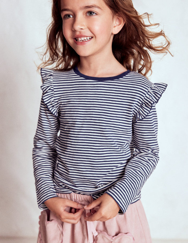 Frill Sleeve Slub Top-Soft Ivory/College Navy