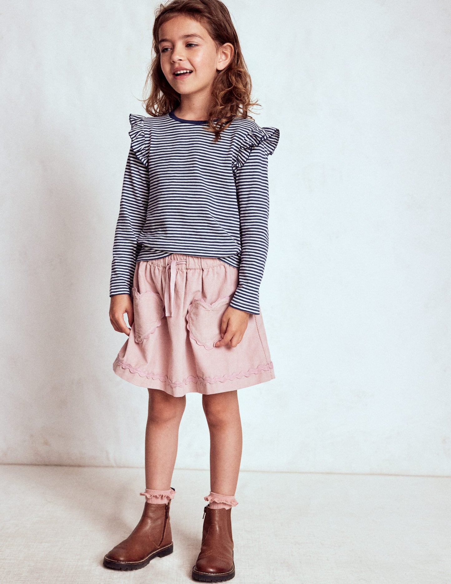 Frill Sleeve Slub Top-Soft Ivory/College Navy