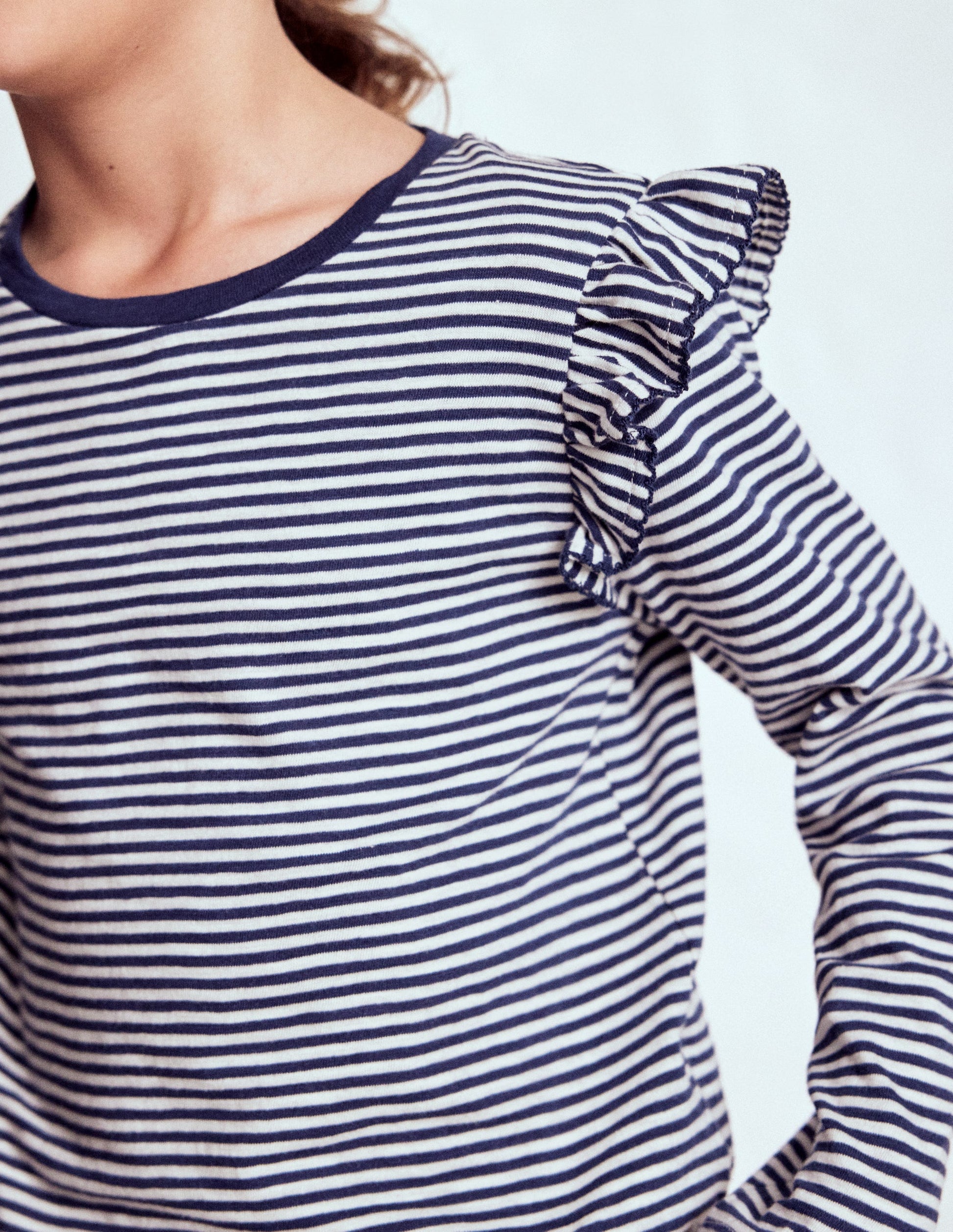 Frill Sleeve Slub Top-Soft Ivory/College Navy-3