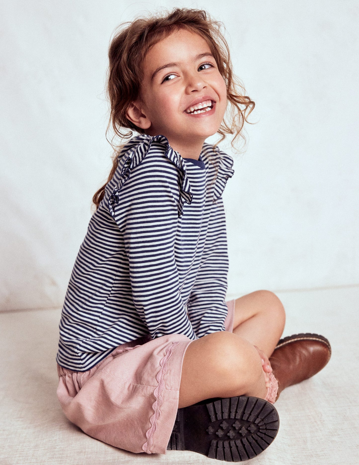 Frill Sleeve Slub Top-Soft Ivory/College Navy