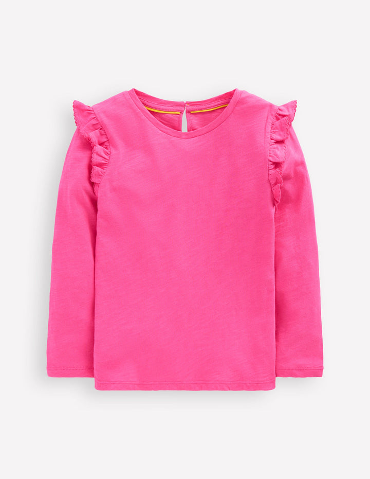 Frill Sleeve Slub Top-Sorbet Pink