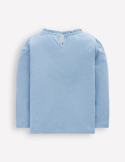 Frill Neck Appliqué T-shirt-Glacier Blue Flowers-2