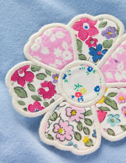 Frill Neck Appliqué T-shirt-Glacier Blue Flowers-3