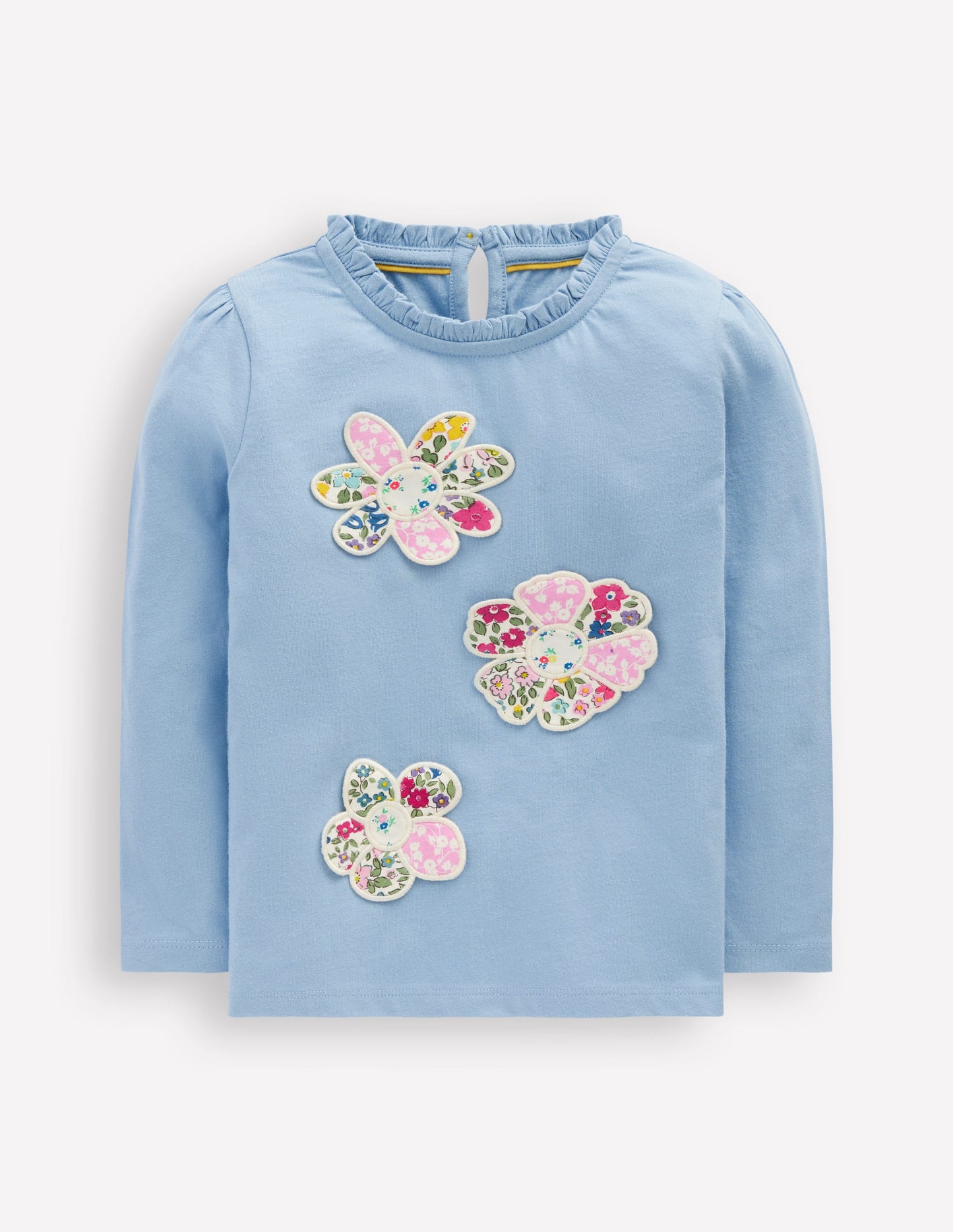 Frill Neck Appliqué T-shirt-Glacier Blue Flowers