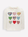 Frill Neck Appliqué T-shirt-Soft Ivory Hearts