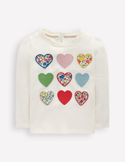 Frill Neck Appliqué T-shirt-Soft Ivory Hearts-1