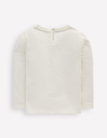 Frill Neck Appliqué T-shirt-Soft Ivory Hearts-2