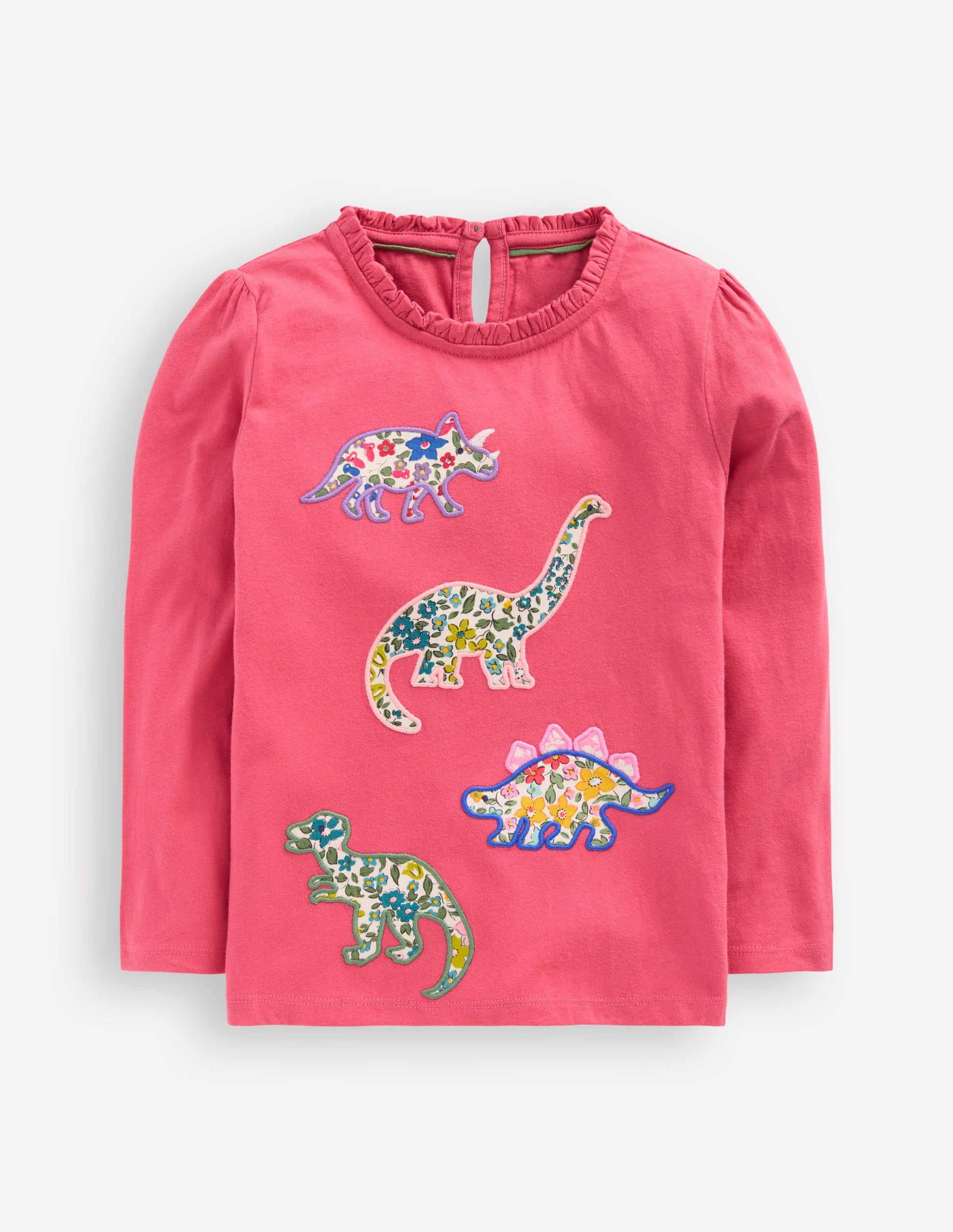 Frill Neck Appliqué T-shirt-Rose Pink Dinosaurs-1