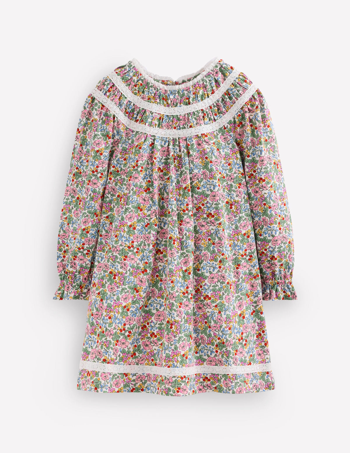 Pretty Lace Trim Jersey Dress-Soft Ivory Berry Floral - Image 1