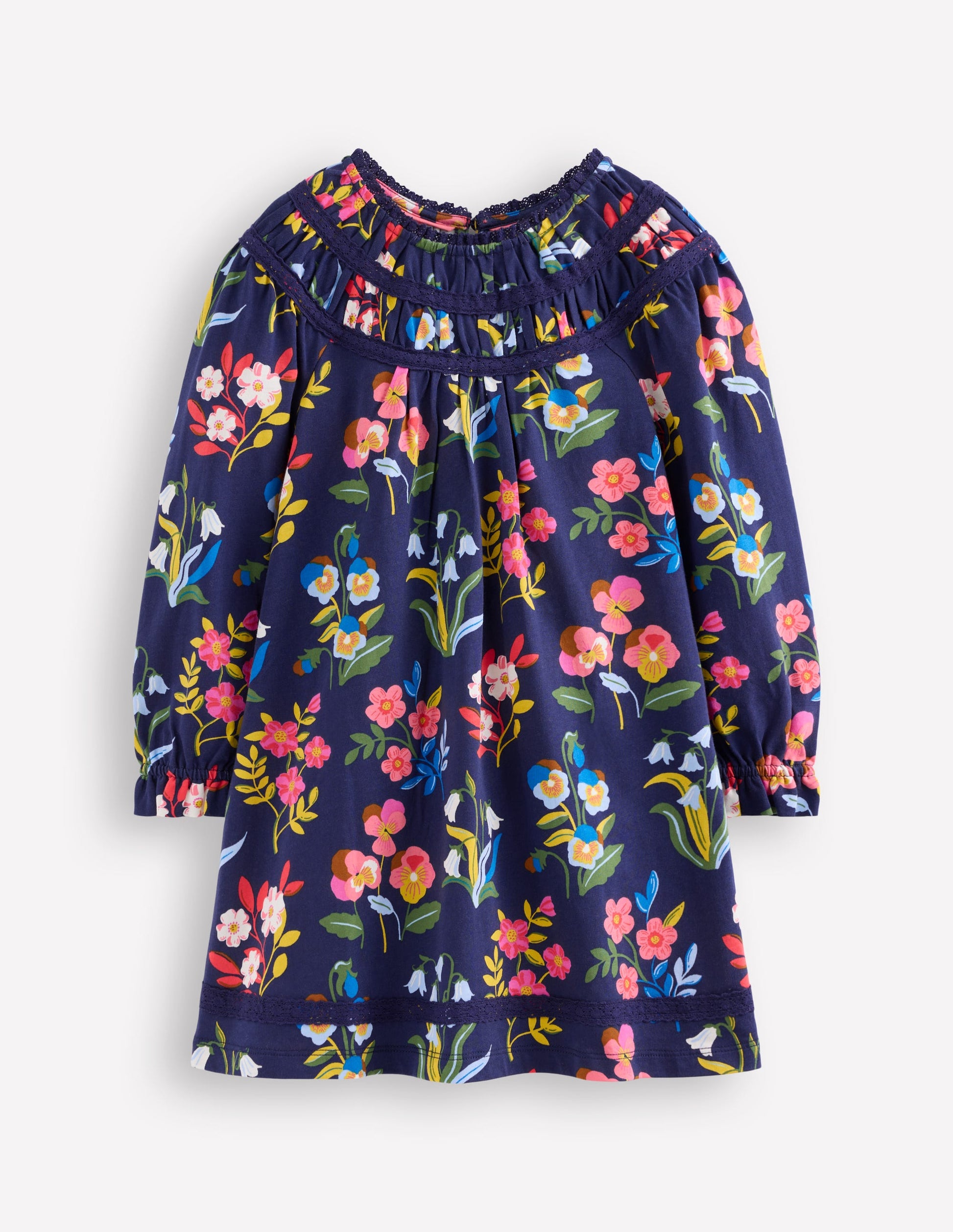 Pretty Lace Trim Jersey Dress-College Navy Pansy Bed-1