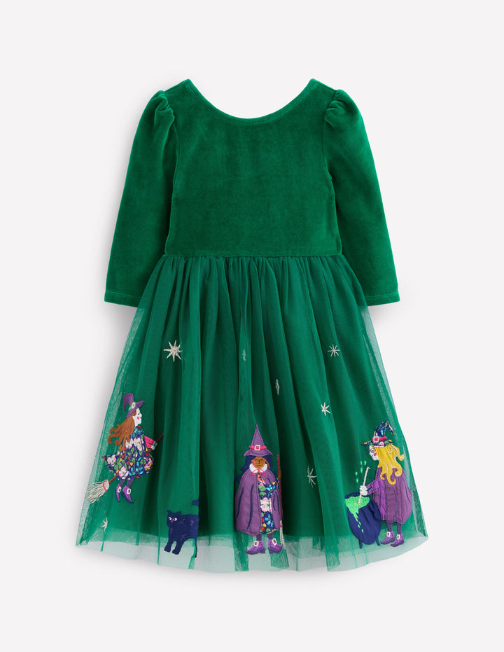 Velour Tulle Appliqué Dress-Jewel Green Halloween