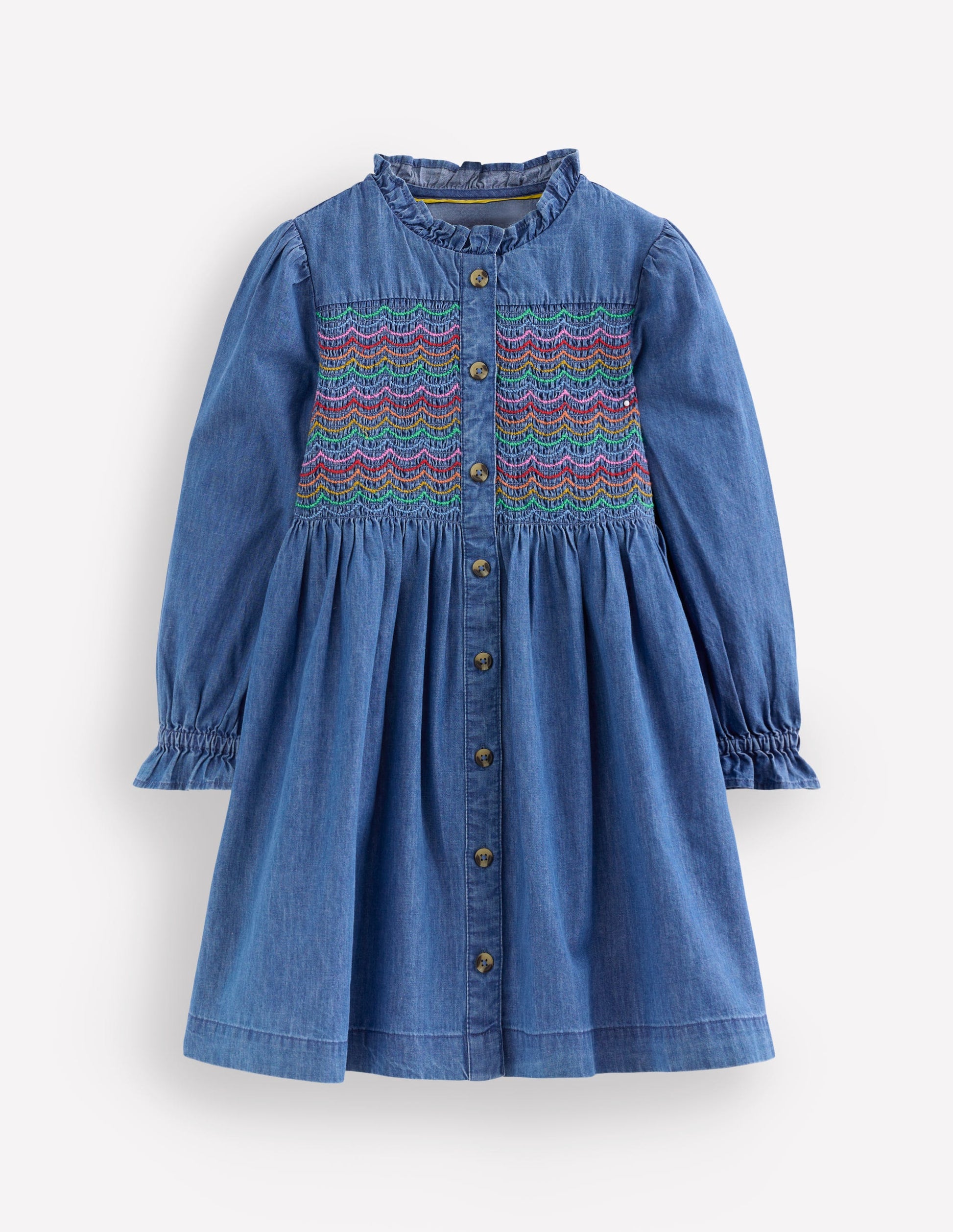 retro denim dress Suki Long Sleeve Smocked Dress-Mid Vintage Denim
