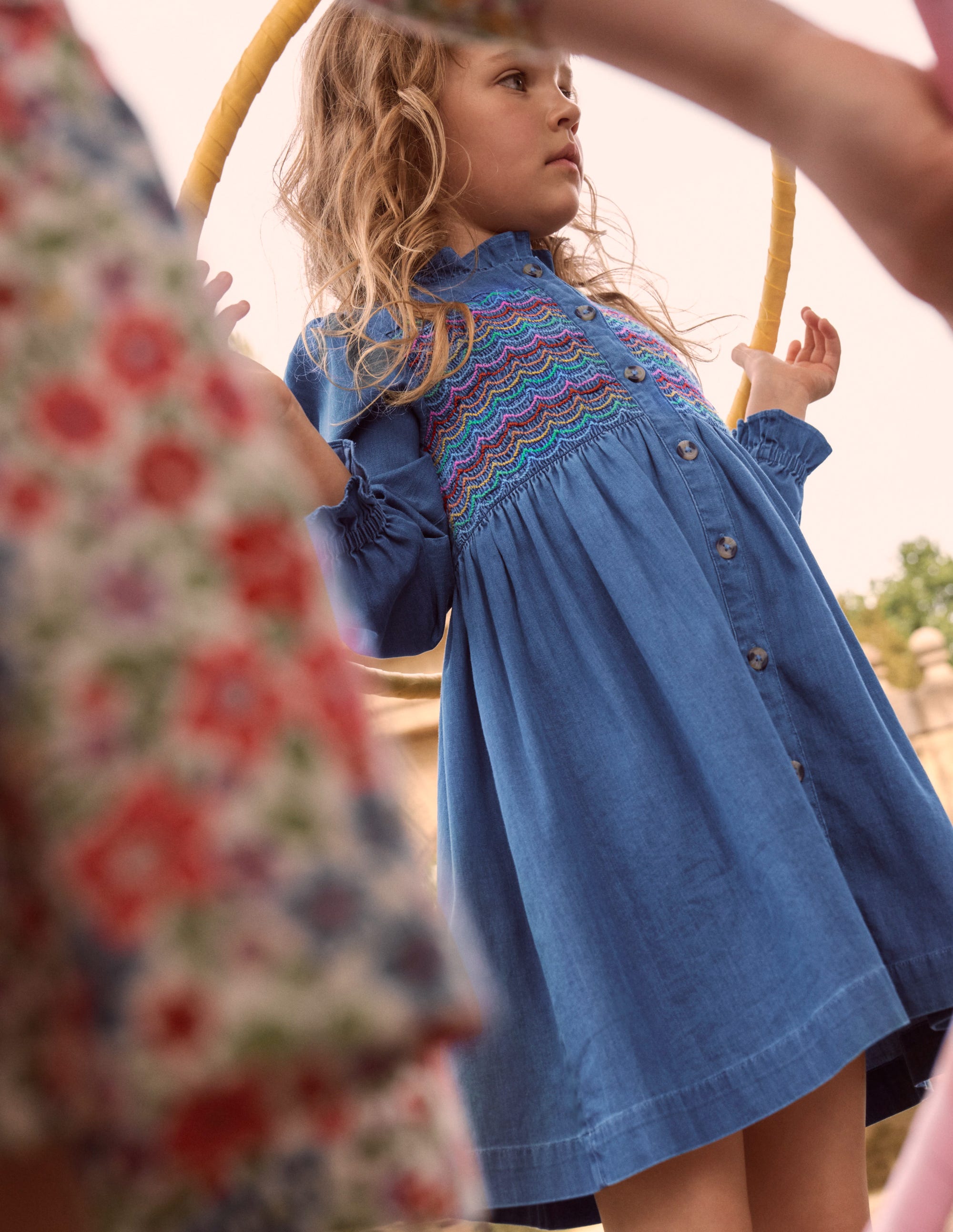 Suki Long Sleeve Smocked Dress-Mid Vintage Denim