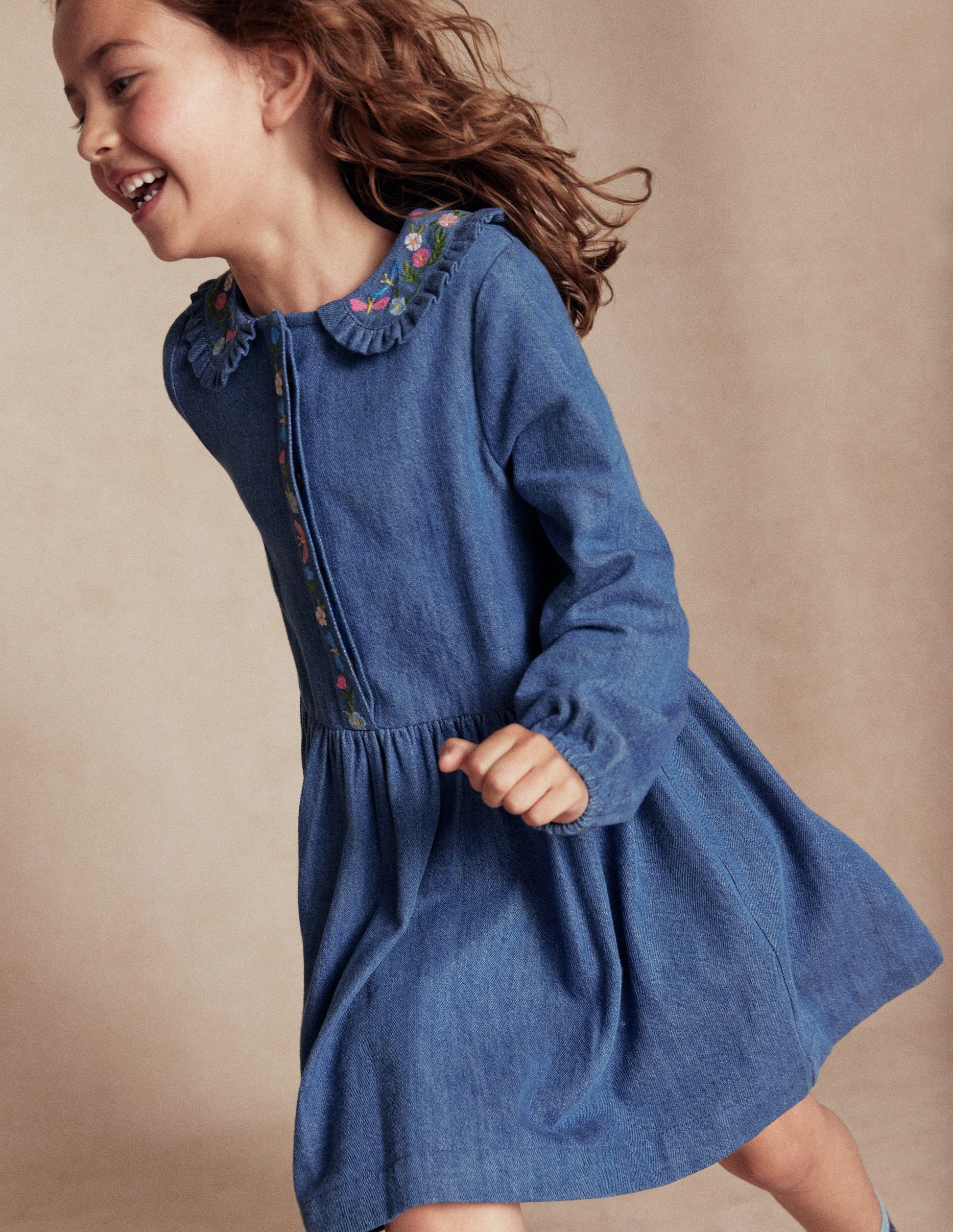 Denim Embroidered Collar Dress-Mid Vintage Denim-4