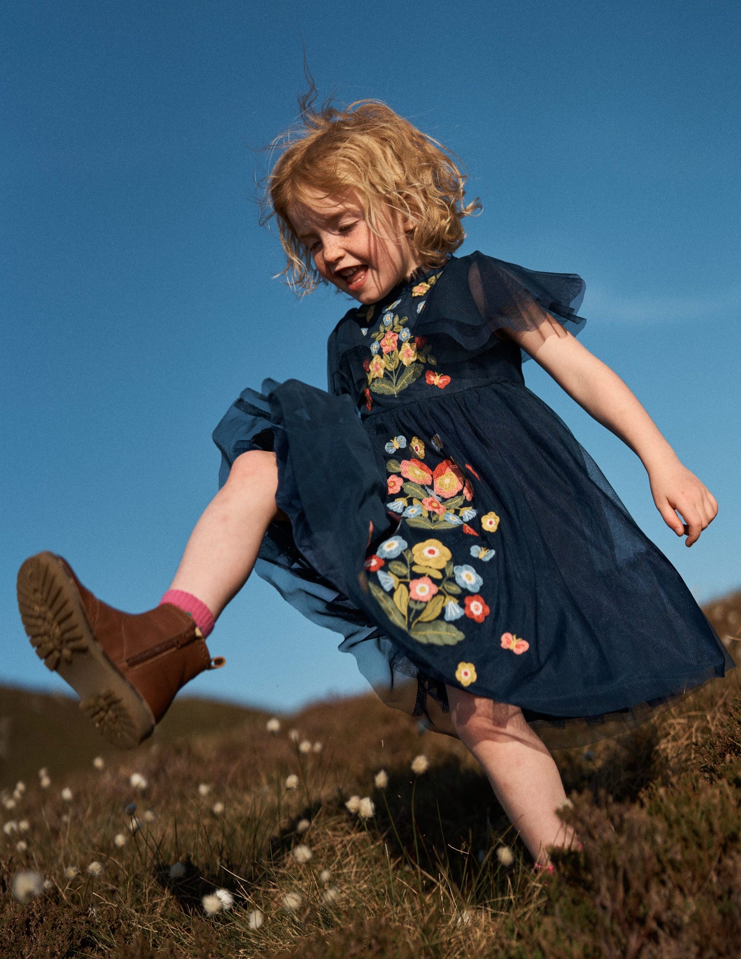 Embroidered Tulle Dress-College Navy