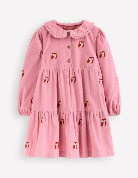 Minna Collared Woven Dress-Pink Owl Embroidery