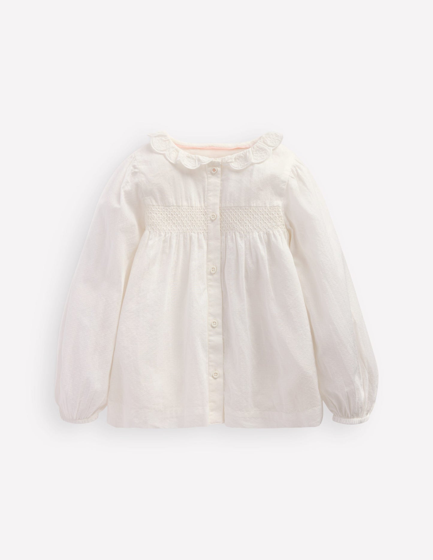 Scalloped Collar Smocked Shirt-Soft Ivory