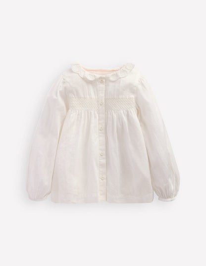 Scalloped Collar Smocked Shirt-Soft Ivory-1
