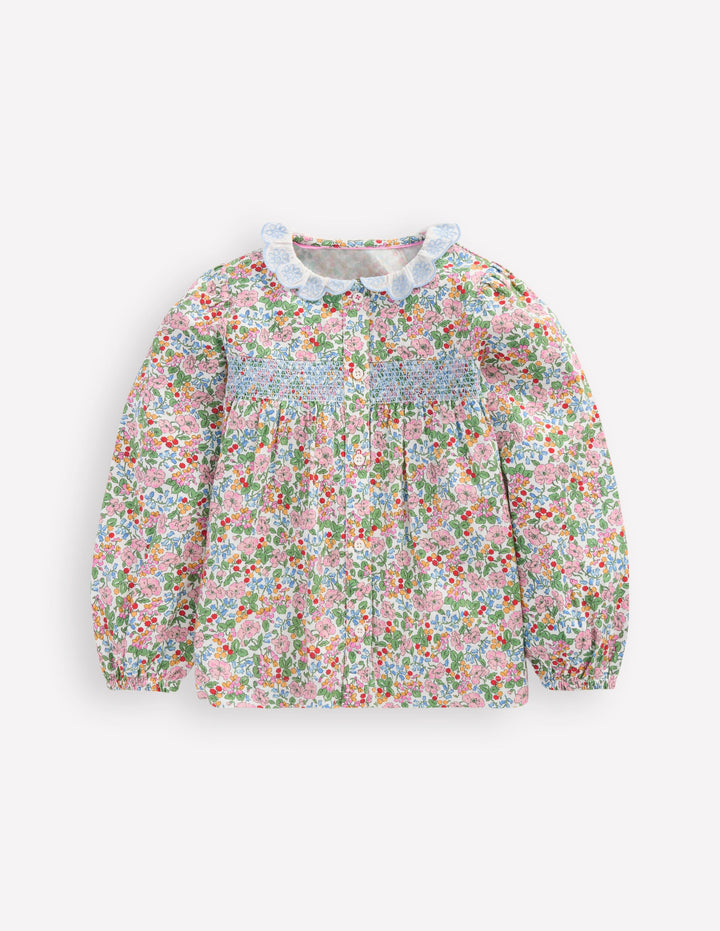 Scalloped Collar Smocked Shirt-Soft Ivory Berry Floral