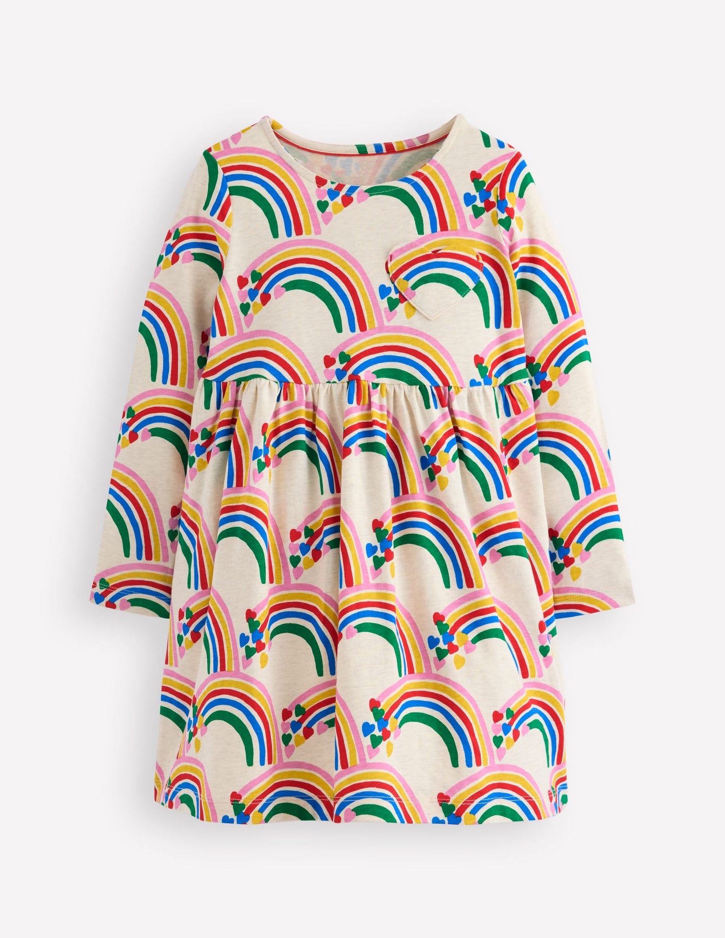 Heart Pocket Fun Jersey Dress-Oatmeal Marl Rainbow Hearts