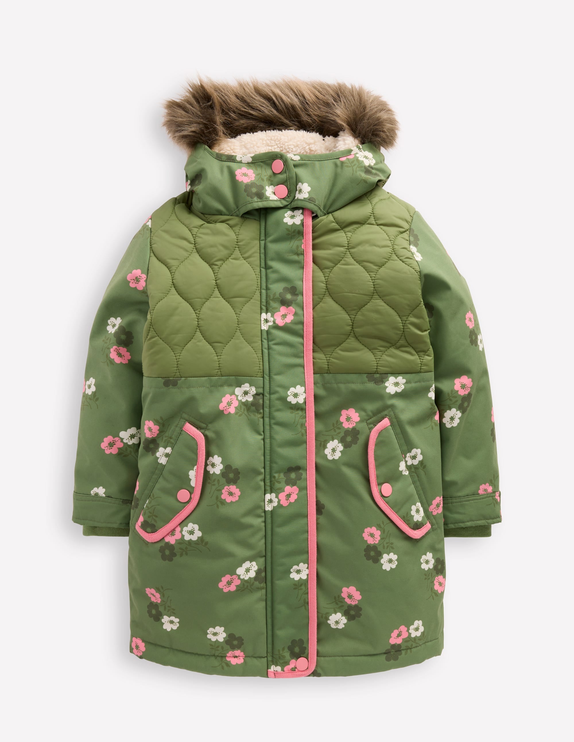 Joni Quilted Parka Coat-Green Floral - Image 1