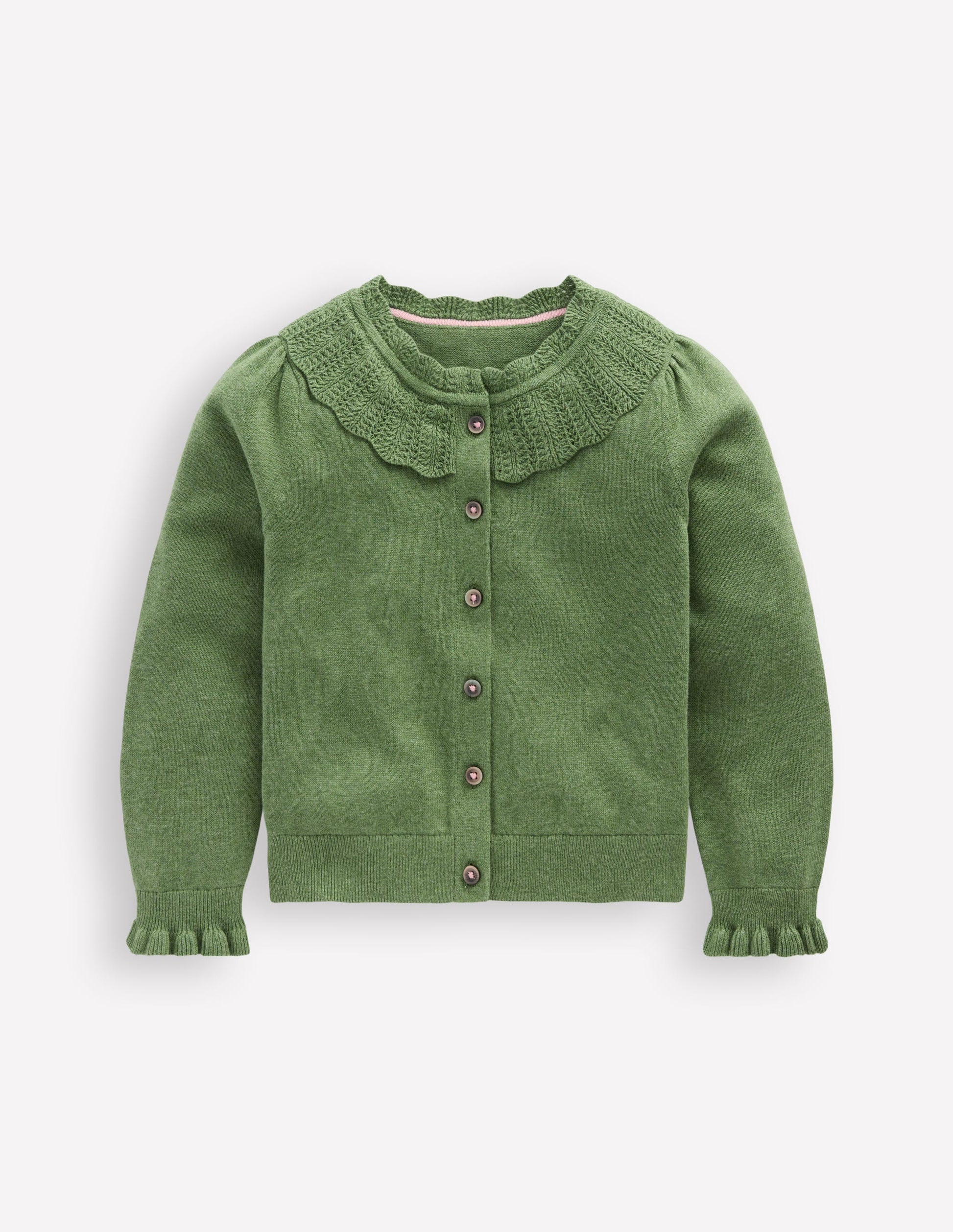 Pretty Ruffle Cardigan-Safari Green Marl-1