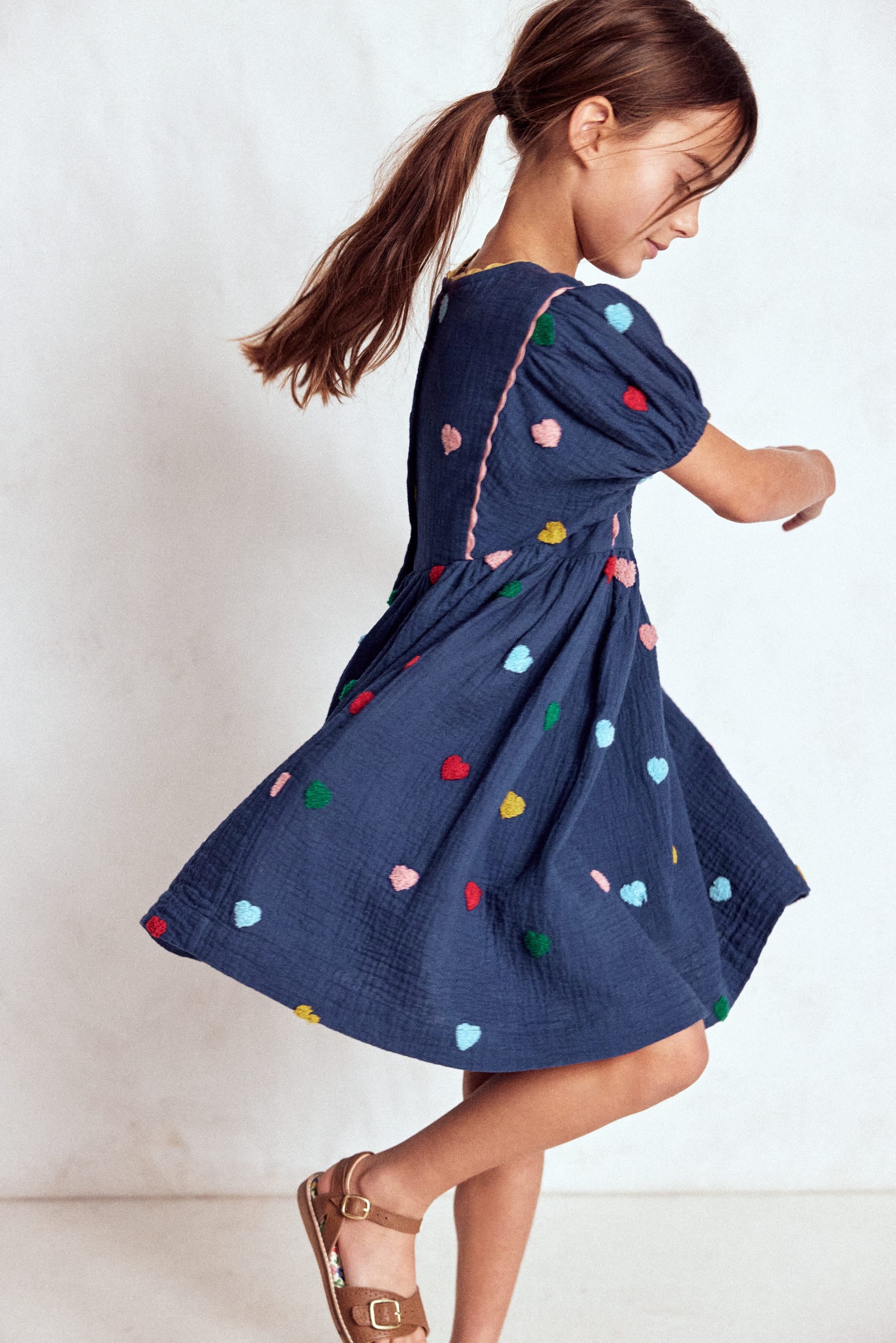Puff Sleeve Double Cloth Dress-Starboard Blue Hearts - Image 3