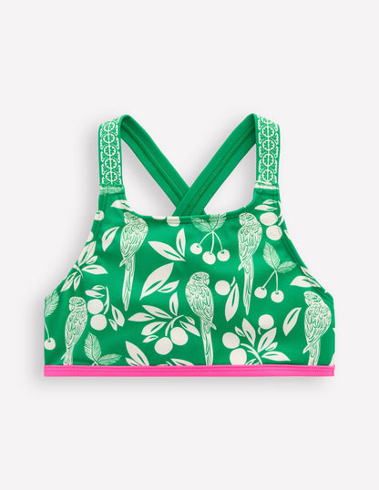 Cross-back Bikini Top-Rich Emerald Parrot Palm-1