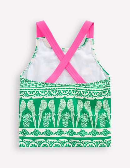Cross-back Tankini Top-Rich Emerald Parrot Palm-2