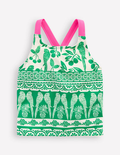 Cross-back Tankini Top-Rich Emerald Parrot Palm-1