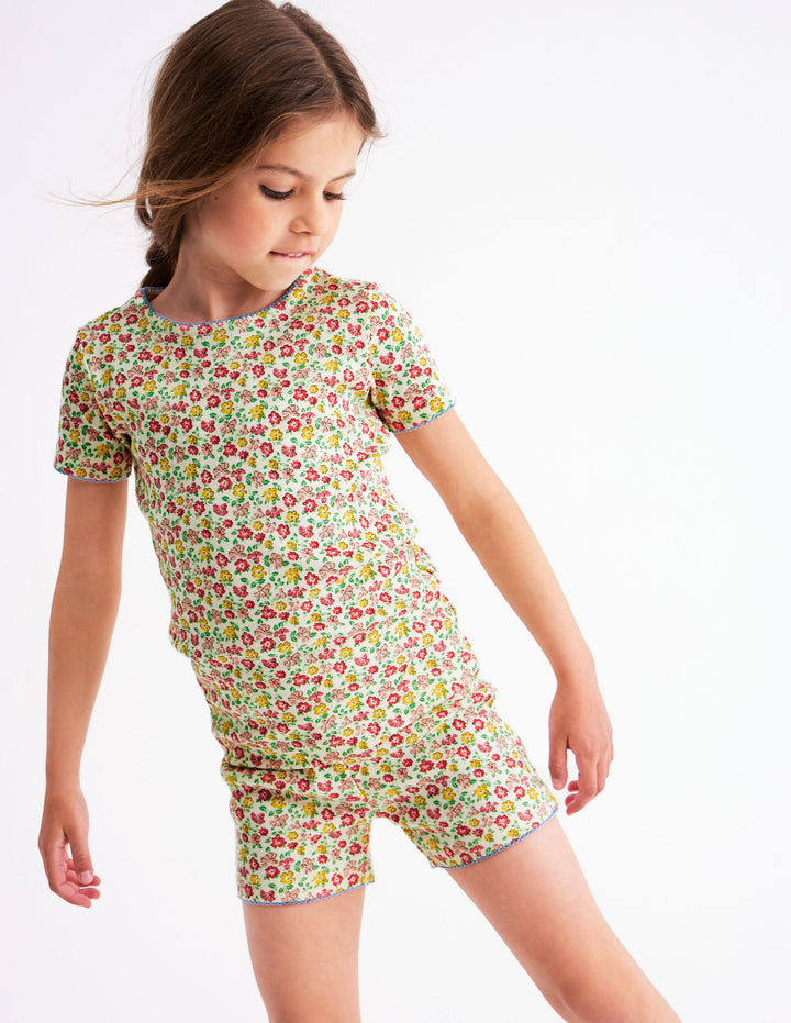 Snug Short John Pajamas-Multi Summer Flowerbed