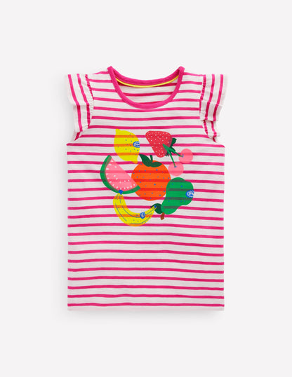 Short Sleeve Frill Logo Top-Raspberry/Soft Ivory Fruits-1