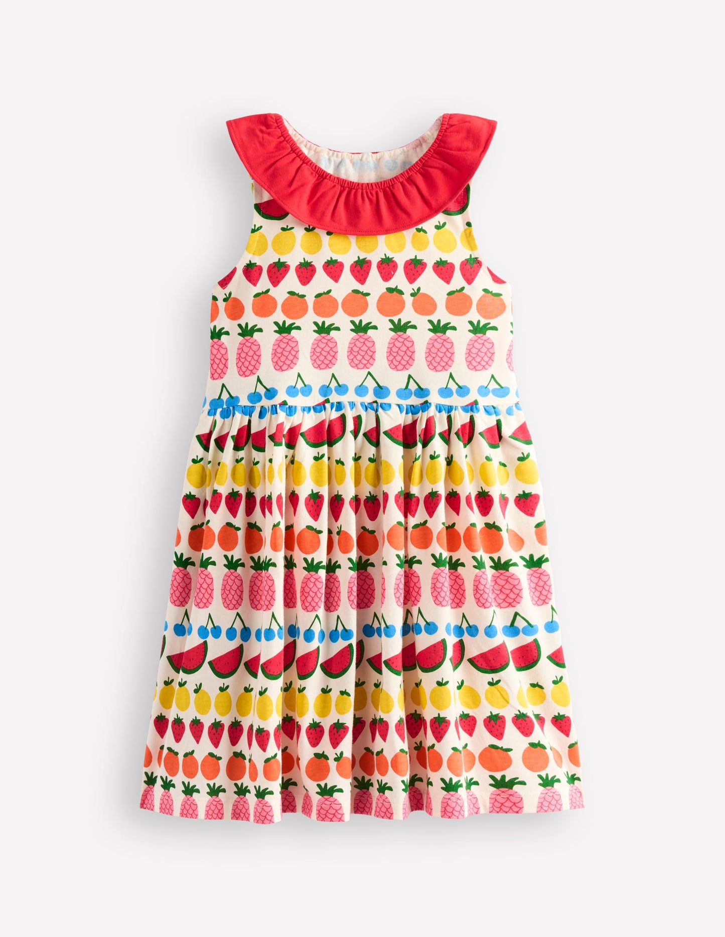 Ruffle Neck Jersey Dress-Ivory Fruit Stripe