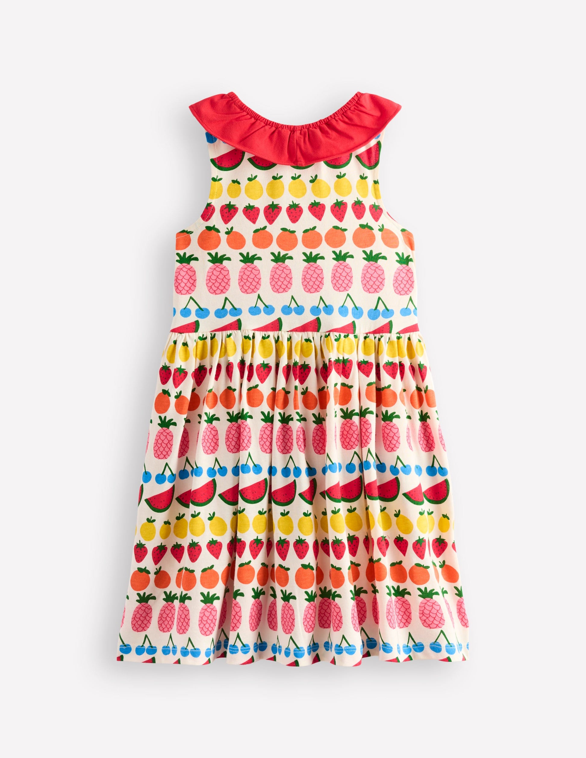 Ruffle Neck Jersey Dress-Ivory Fruit Stripe-5