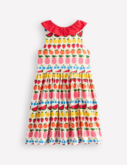 Ruffle Neck Jersey Dress-Ivory Fruit Stripe-5