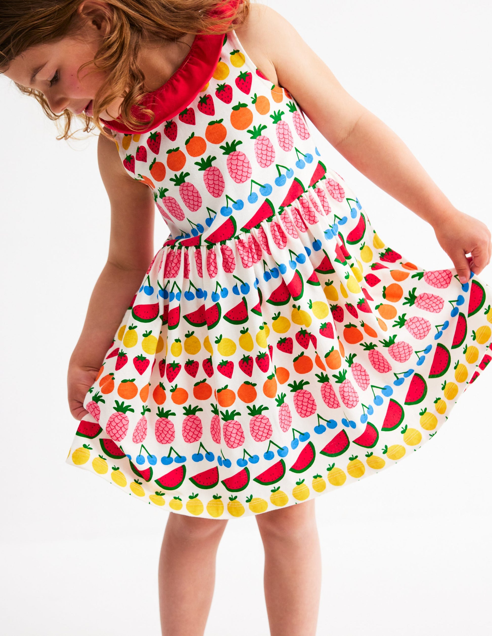 Ruffle Neck Jersey Dress-Ivory Fruit Stripe-1