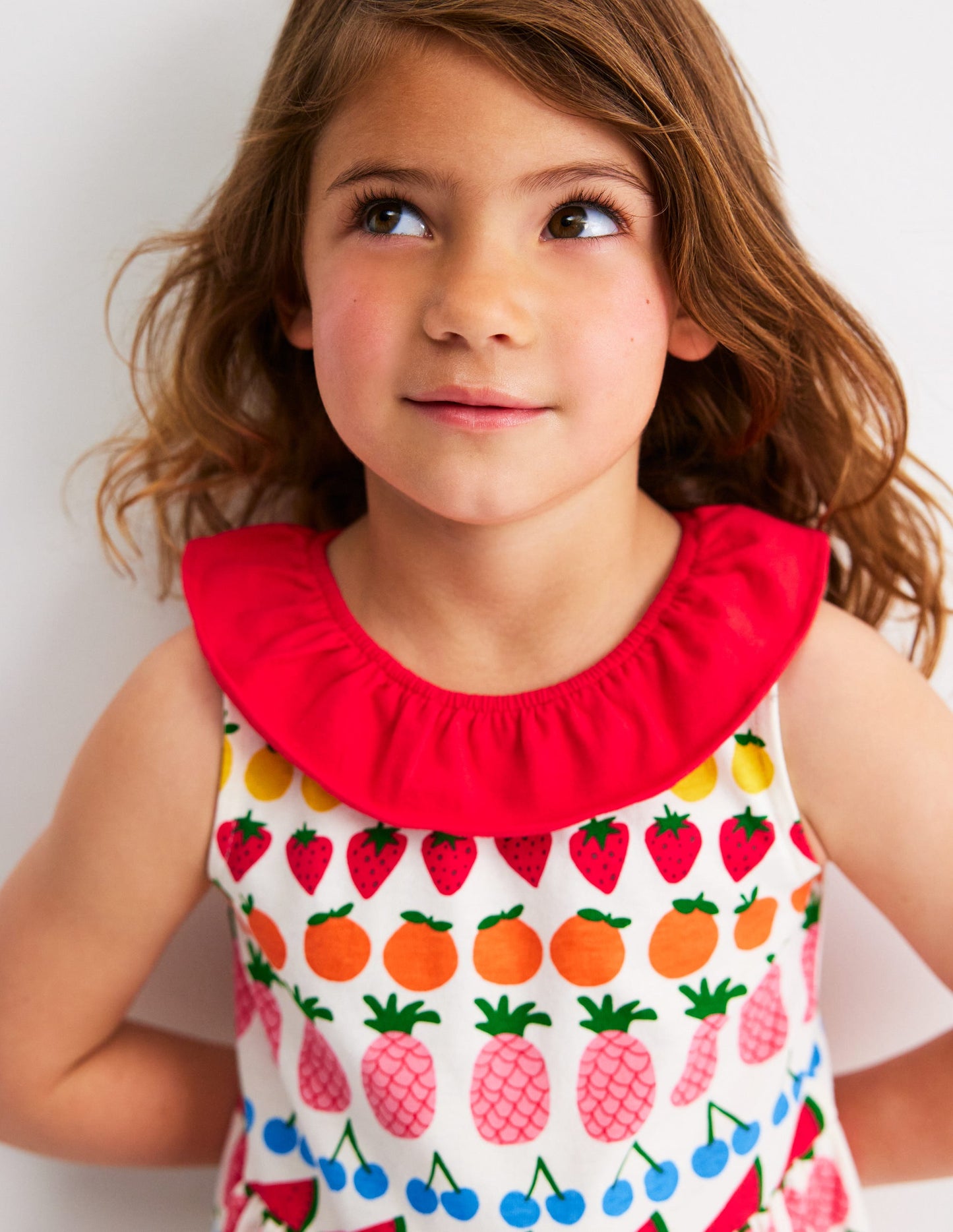 Ruffle Neck Jersey Dress-Ivory Fruit Stripe