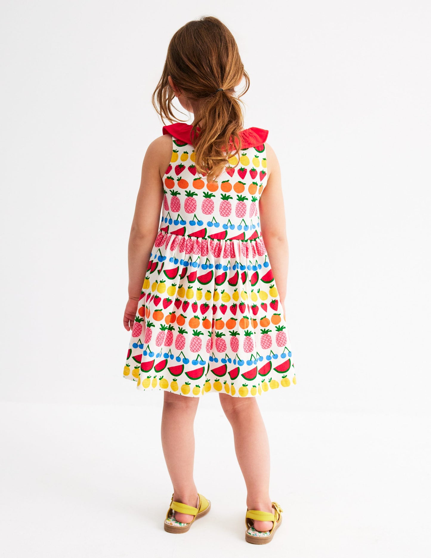 Ruffle Neck Jersey Dress-Ivory Fruit Stripe