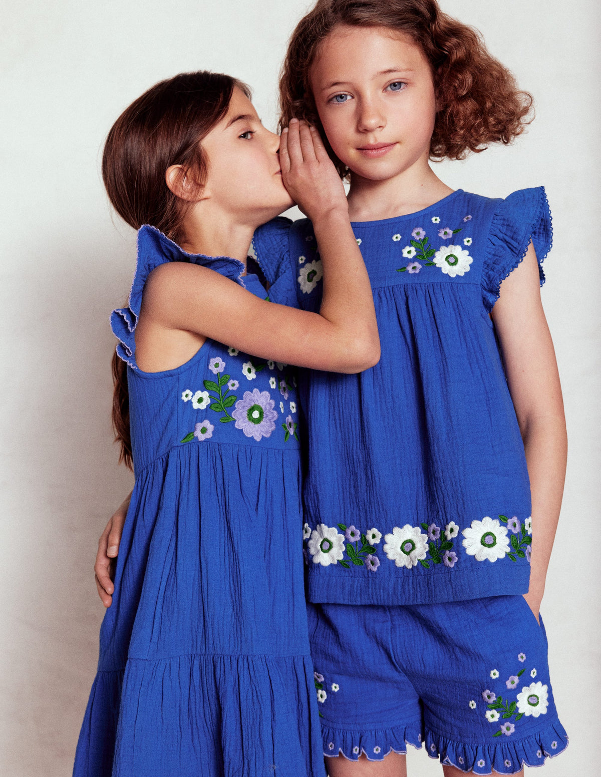 Double Cloth Frill Sleeve Top-Kingfisher Blue Embroidered - Image 1