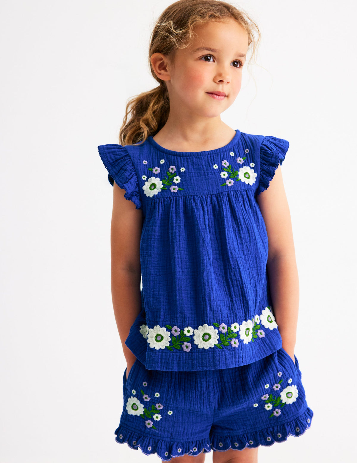 Double Cloth Frill Sleeve Top-Kingfisher Blue Embroidered - Image 2