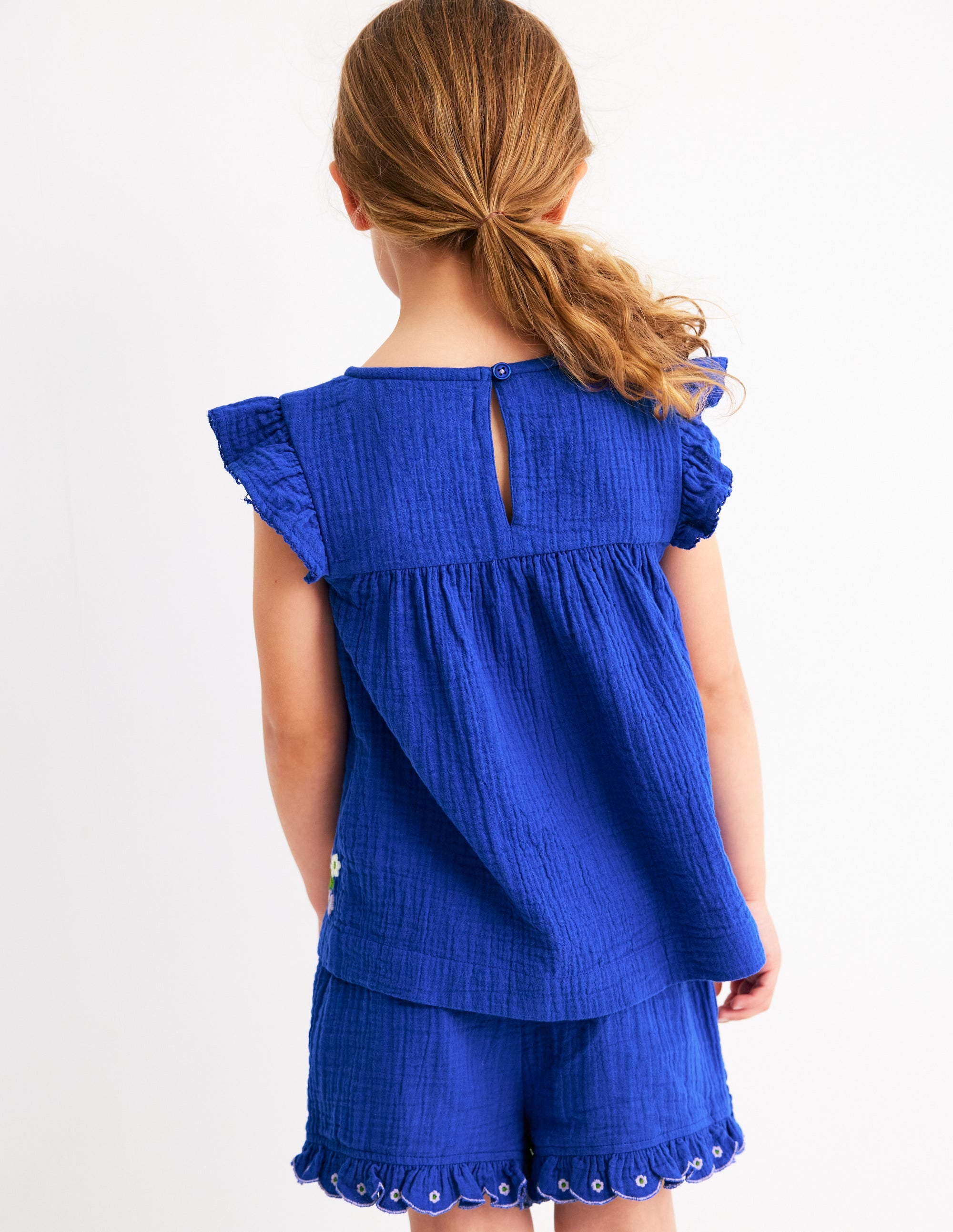 Double Cloth Frill Sleeve Top-Kingfisher Blue Embroidered - Image 3