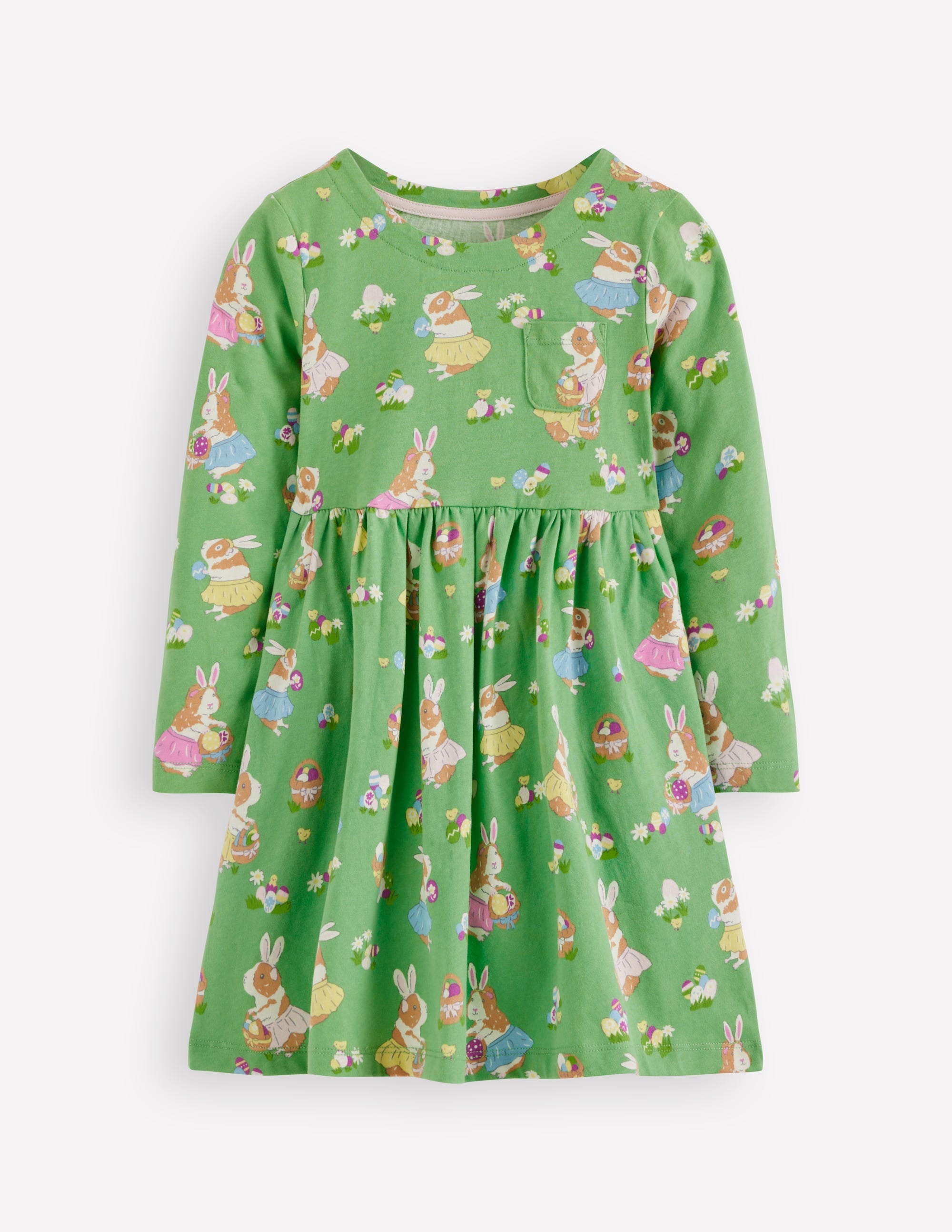 Long-Sleeved Fun Jersey Dress-Aloe Green Easter Guinea Pigs - Image 1